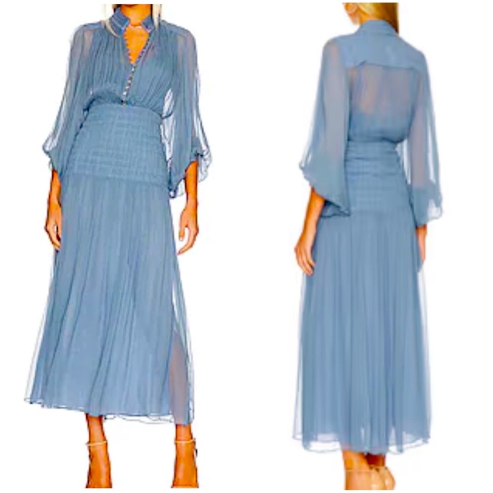 Shona Joy “Lauren” Button Up Ruched Midi Dress in Dusty Blue 2 NWT